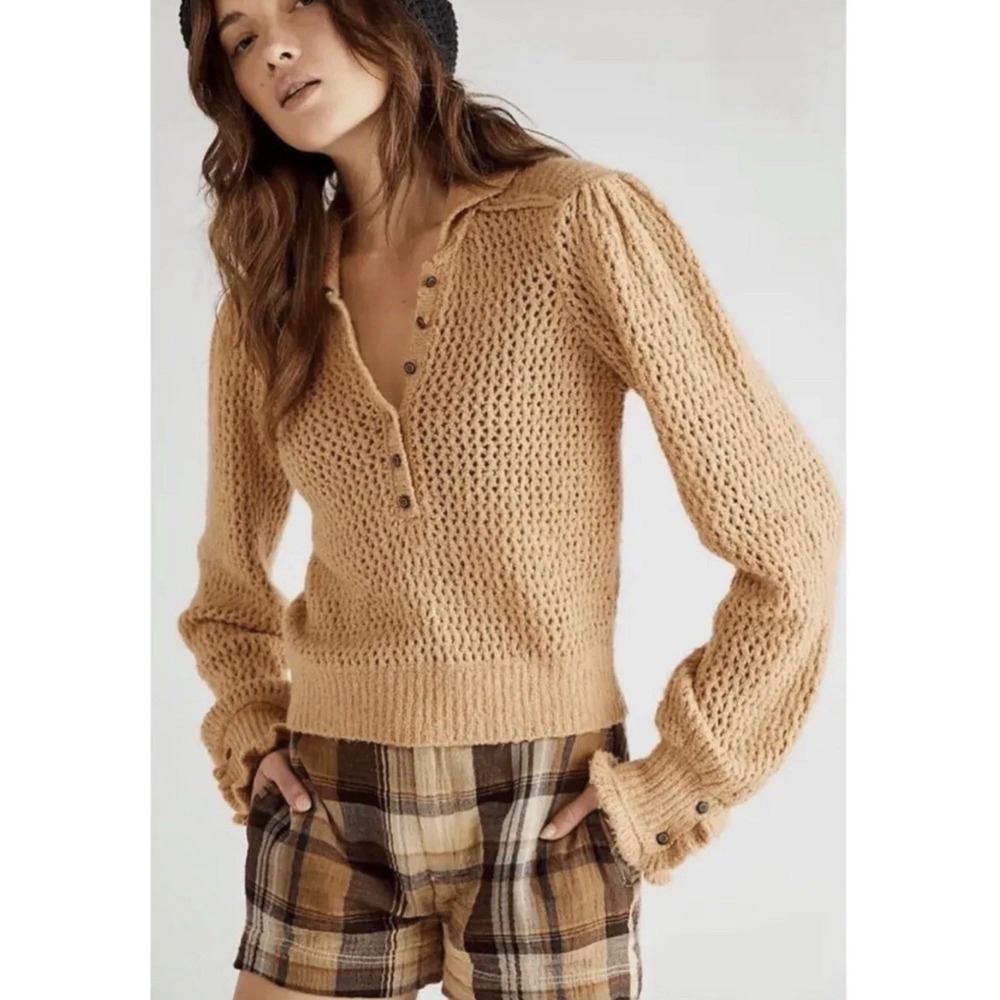 Free People Care FP Snowdrift Pullover Sweater in Camel Heather SIZE XL